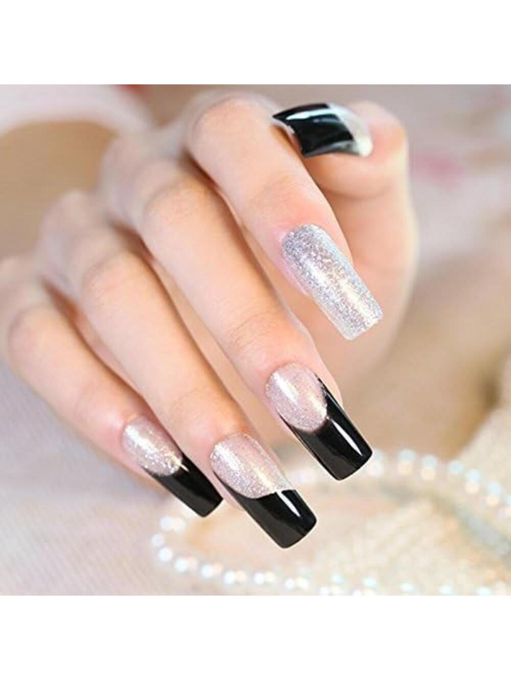 24 Long Square Silver Black Ombre 90s glitter Press on nails kit with glue